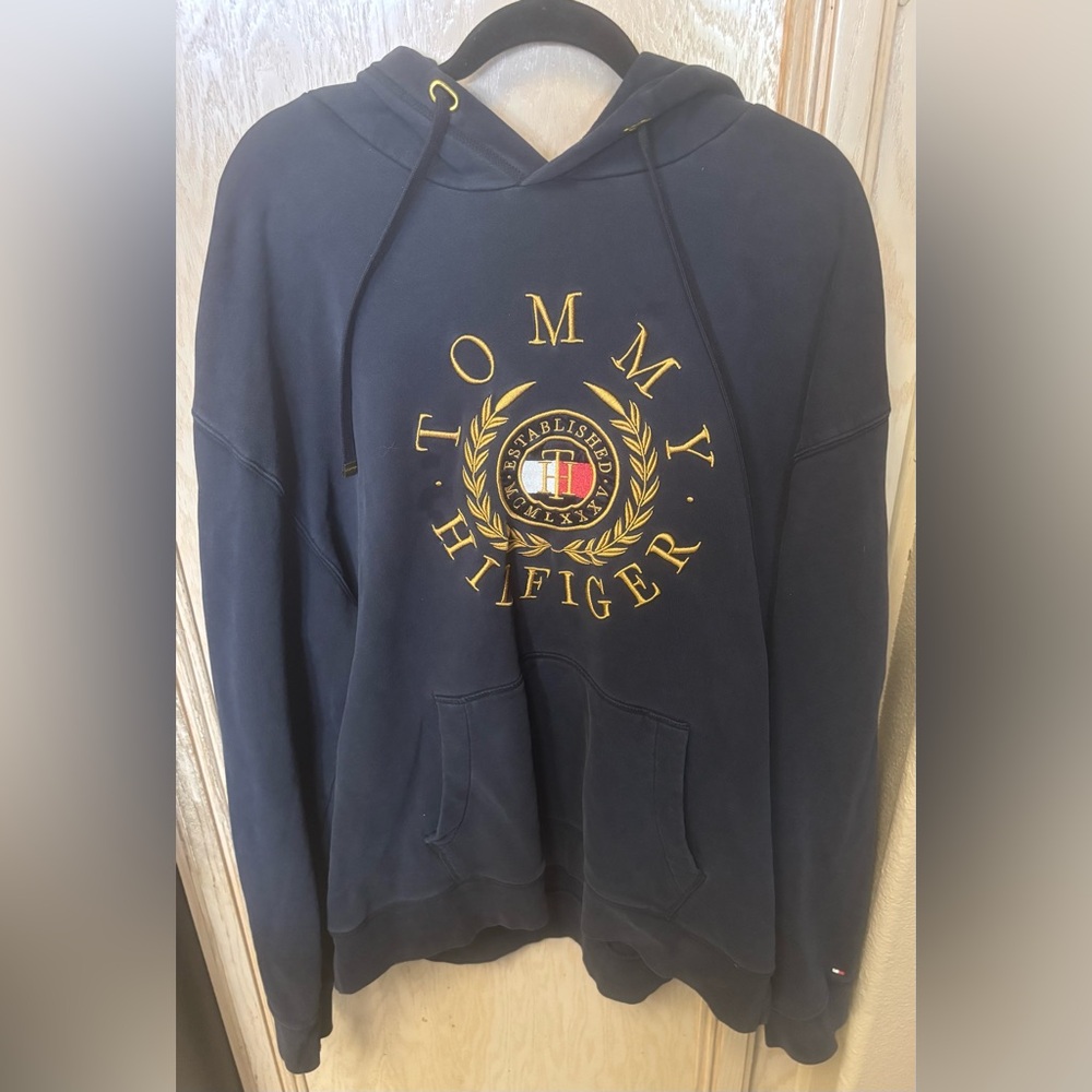 Tommy Hilfiger Icon Coin Embroidered Logo Hoodie Sweatshirt Navy Blue Sz 3X READ